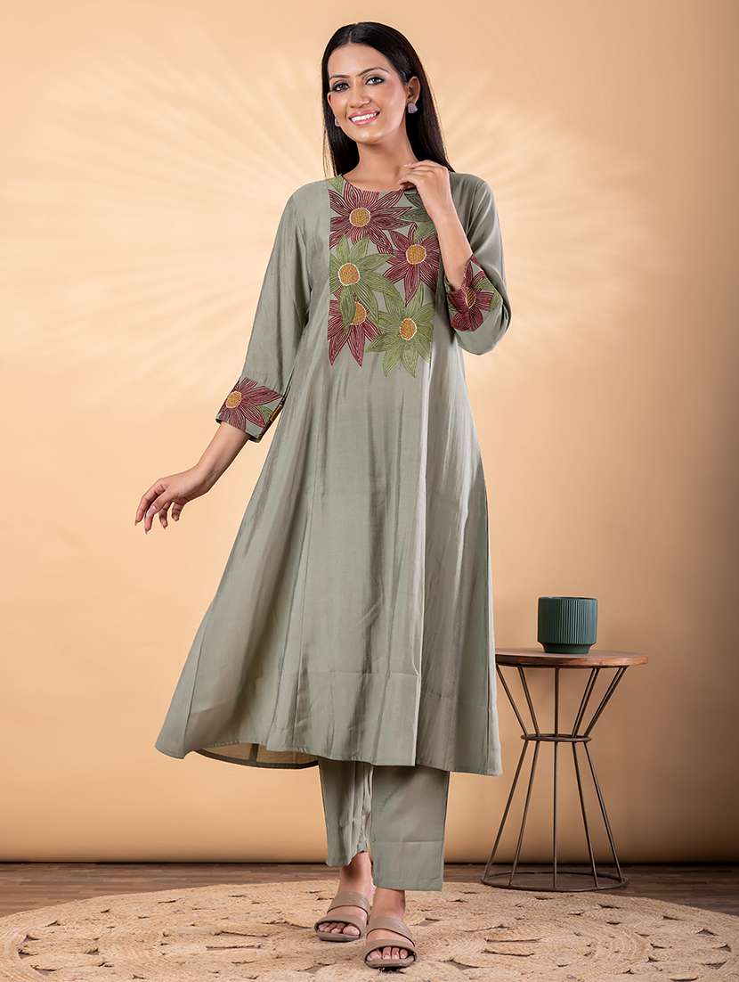 women solid with work three quarter sleeve kurta pant set - 22187535 -  Standard Image - 2