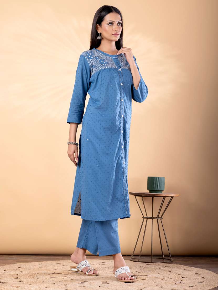 women self design three quarter sleeve kurta pant set - 22187536 -  Standard Image - 2