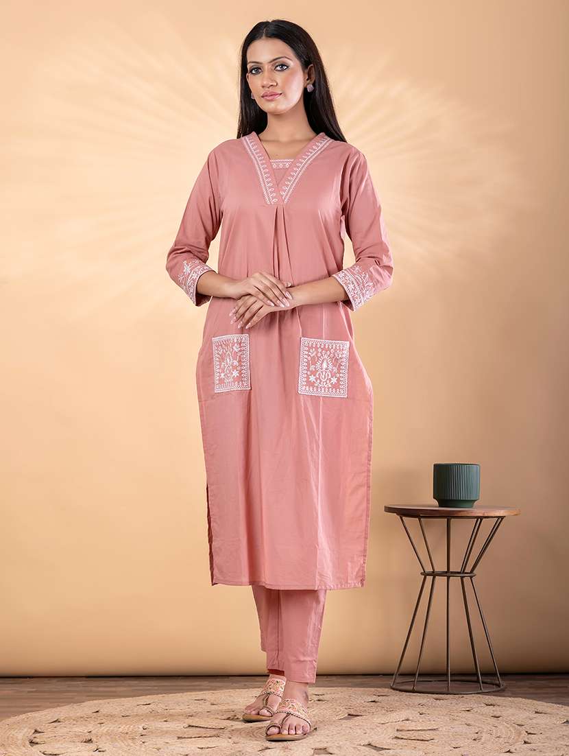 women solid with work three quarter sleeve kurta pant set - 22187538 -  Standard Image - 2