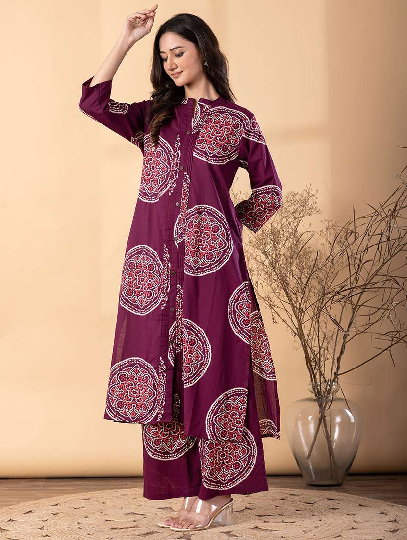 women bandhani printed three quarter sleeve kurta palazzo set - 22187544 -  Standard Image - 2