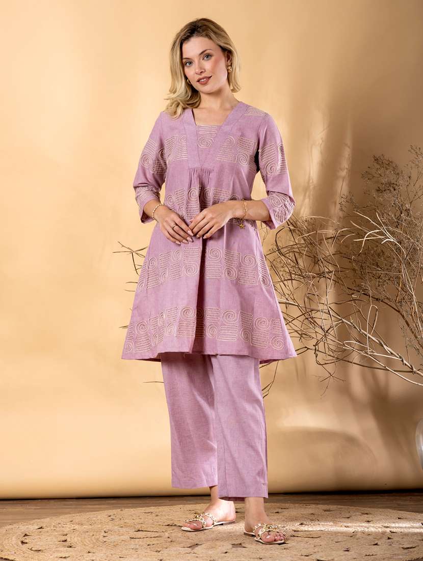 women solid with work three quarter sleeve kurta pant set - 22187552 -  Standard Image - 2