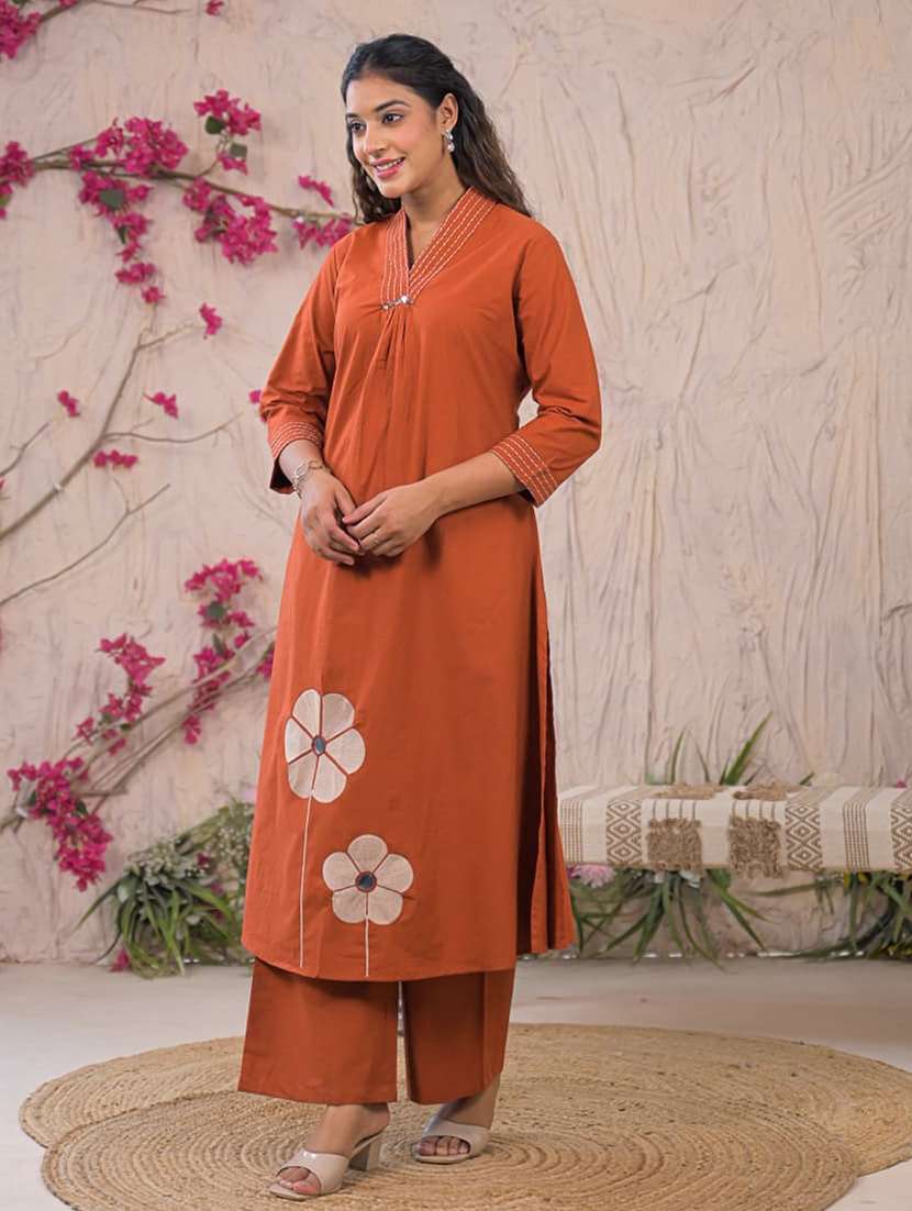 women solid with work three quarter sleeve kurta palazzo set  - 22187554 -  Standard Image - 2