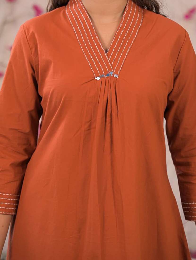 women solid with work three quarter sleeve kurta palazzo set  - 22187554 -  Standard Image - 7