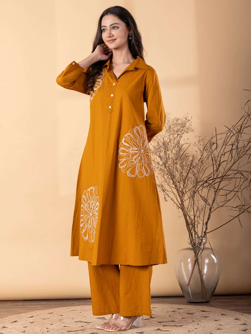 women solid with work three quarter sleeve kurta palazzo set - 22187563 -  Standard Image - 2