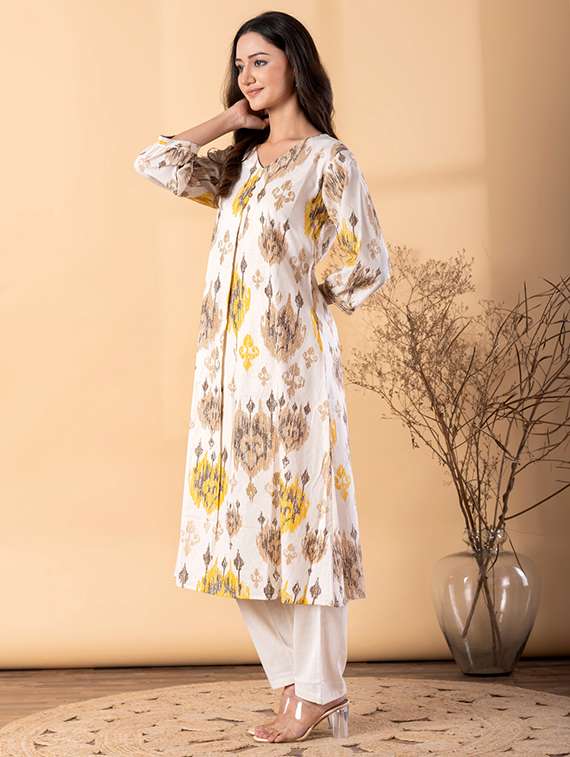 women ikat printed three quarter sleeve kurta pant set - 22187566 -  Standard Image - 2