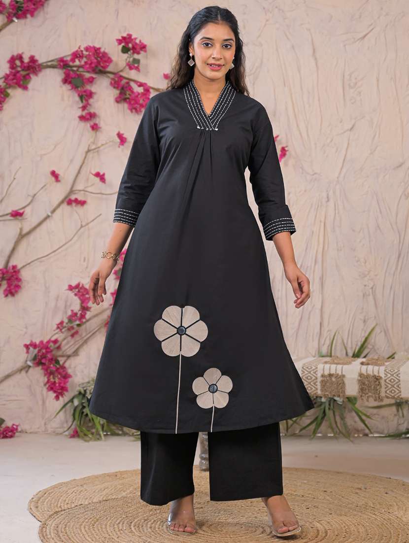 women solid with work three quarter sleeve kurta palazzo set - 22187569 -  Standard Image - 2