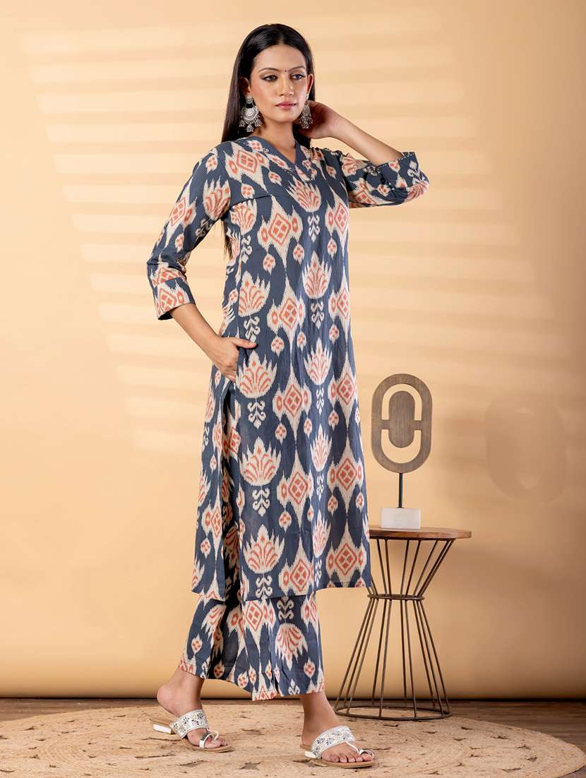 women ikat printed three quarter sleeve kurta palazzo set - 22187571 -  Standard Image - 2