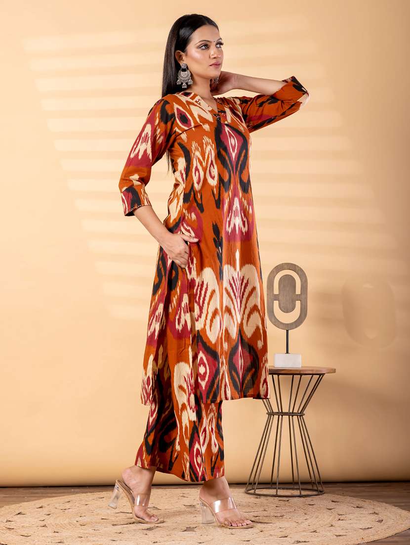 women ikat printed three quarter sleeve kurta palazzo set - 22187573 -  Standard Image - 2