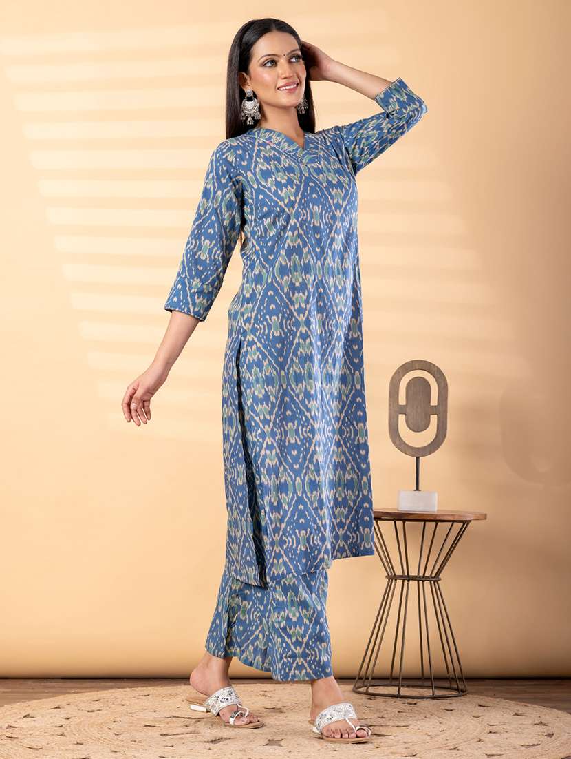 women ikat printed three quarter sleeve kurta palazzo set - 22187574 -  Standard Image - 2