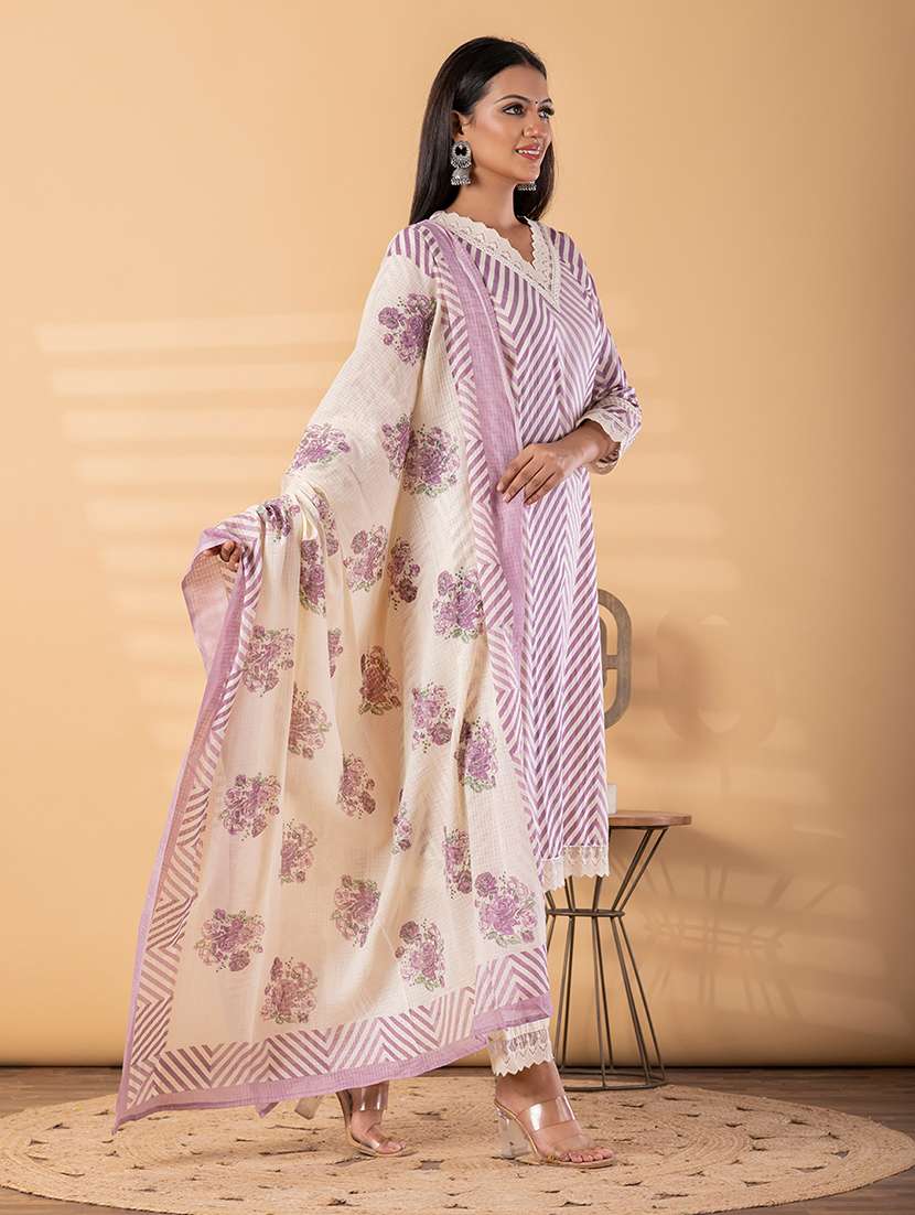 women chevron three quarter sleeve kurta pant with dupatta set - 22187581 -  Standard Image - 2