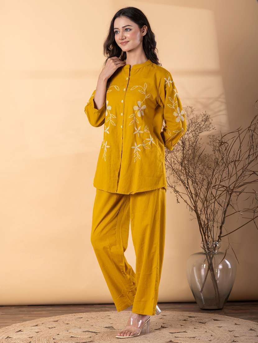 women solid with work three quarter sleeve shirt & trouser co-ord set - 22187644 -  Standard Image - 2