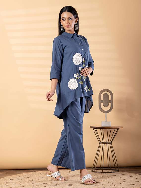 women solid with work three quarter sleeve shirt & trouser co-ord set - 22187651 -  Standard Image - 2