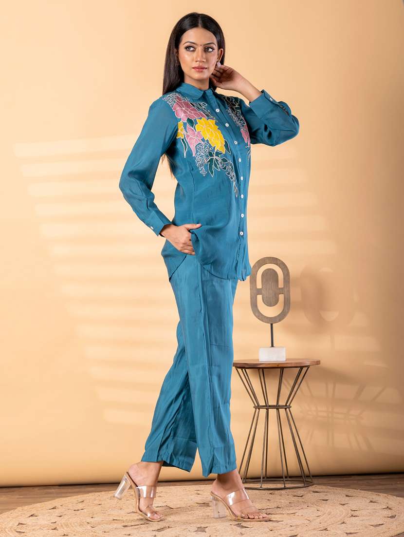 women solid with work long sleeve shirt & trouser co-ord set - 22187655 -  Standard Image - 2