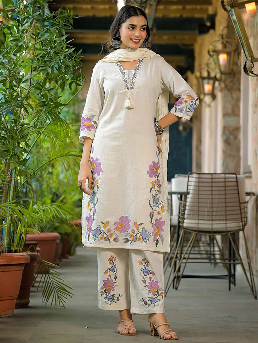women solid with work three quarter sleeve kurta pant with dupatta set - 22187656 -  Standard Image - 2