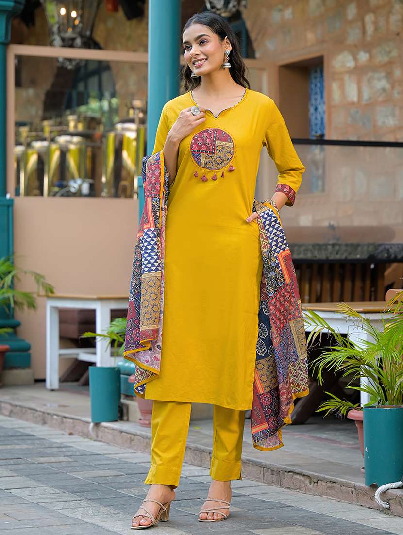 women solid with work three quarter sleeve kurta pant with dupatta set - 22187658 -  Standard Image - 2
