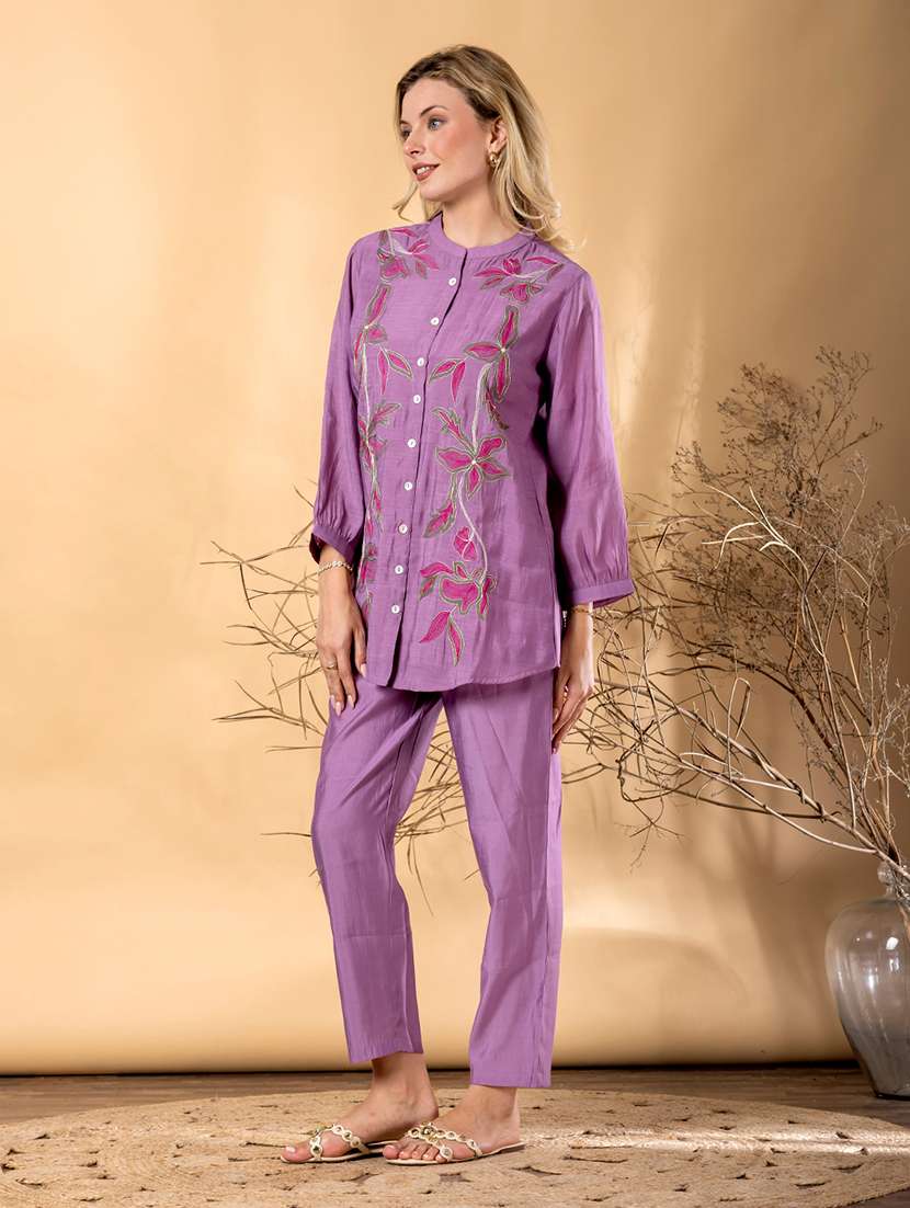 women solid with work long sleeve shirt & trouser co-ord set - 22187662 -  Standard Image - 2