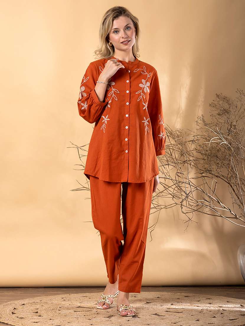 women solid with work three quarter sleeve shirt & trouser co-ord set - 22187664 -  Standard Image - 2