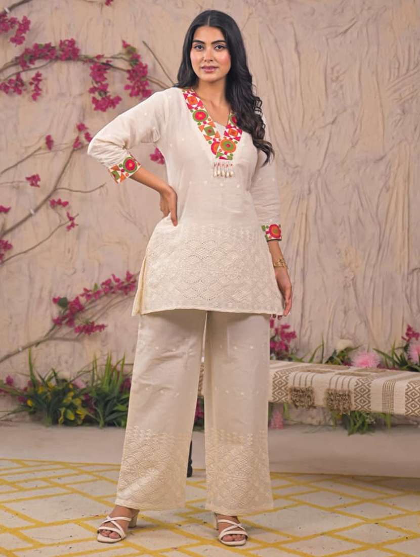 women solid with work three quarter sleeve ethnic co-ord set - 22187671 -  Standard Image - 2