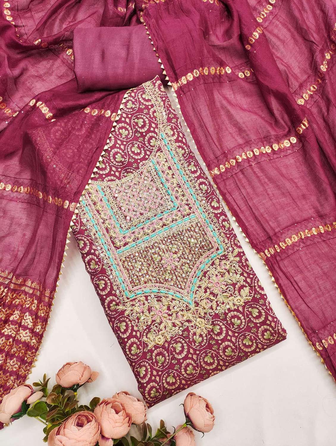 women printed embroidered unstitched suit set - 22187714 -  Standard Image - 2