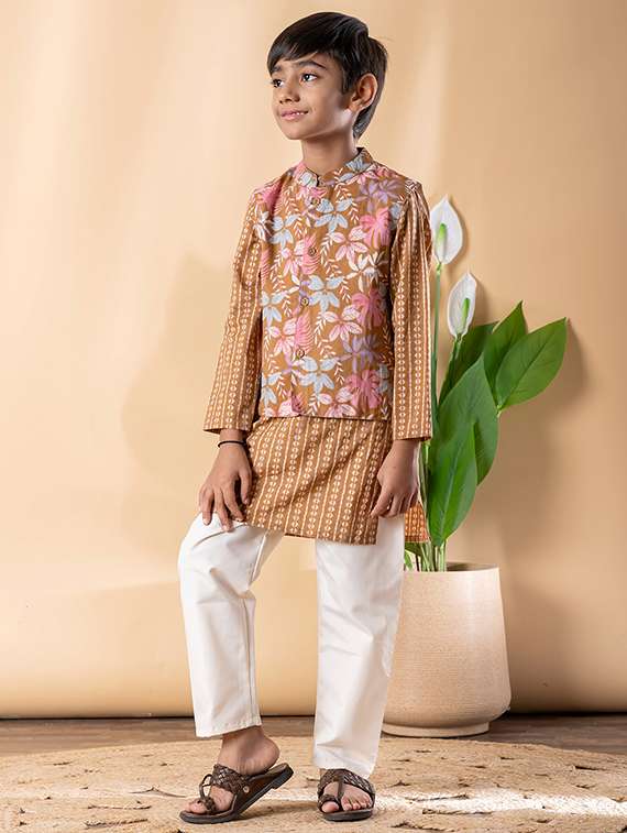 boys printed long sleeve kurta & pyjama set with jacket - 22187716 -  Standard Image - 2