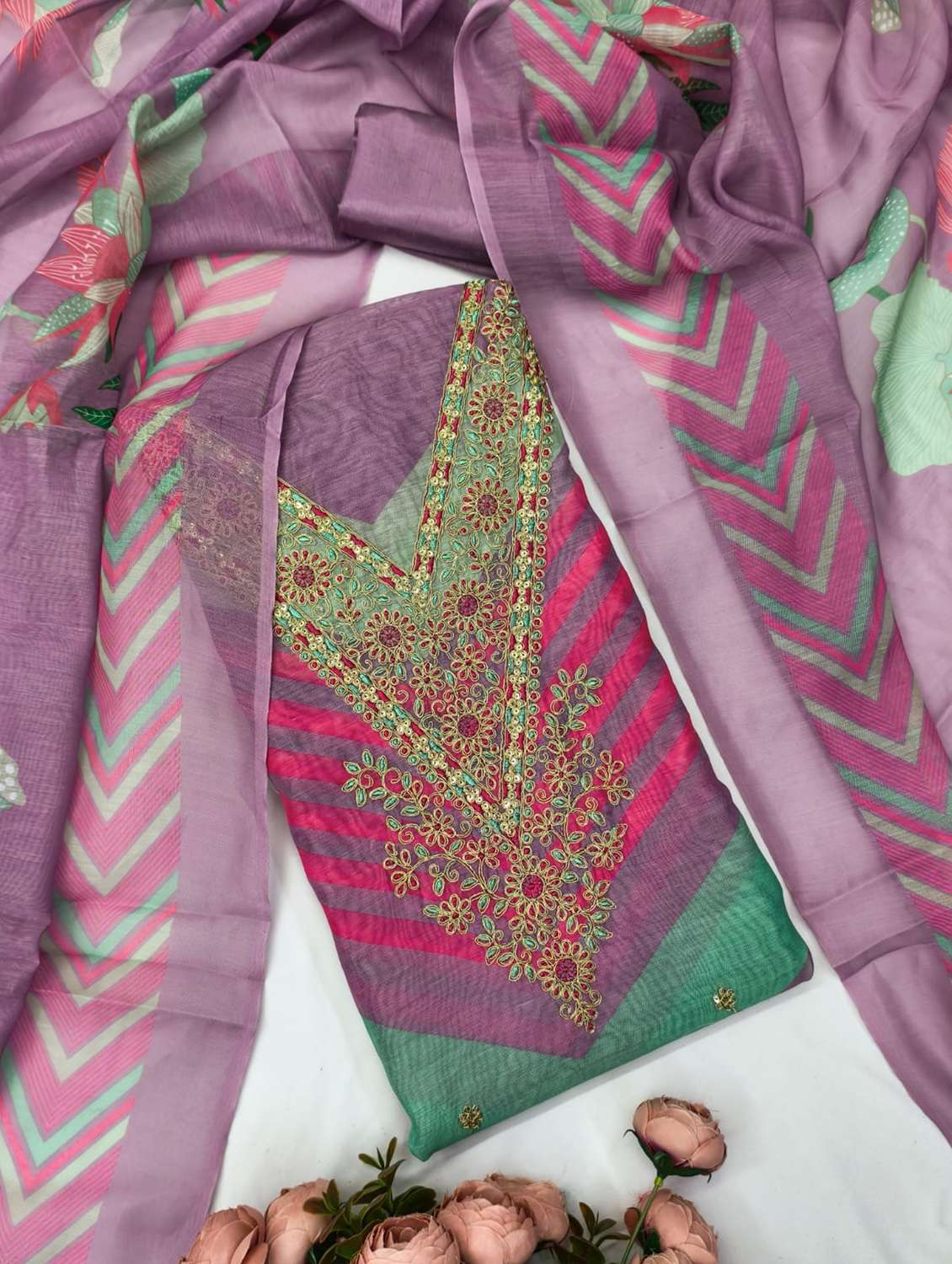 women printed embroidered unstitched suit set - 22187733 -  Standard Image - 2