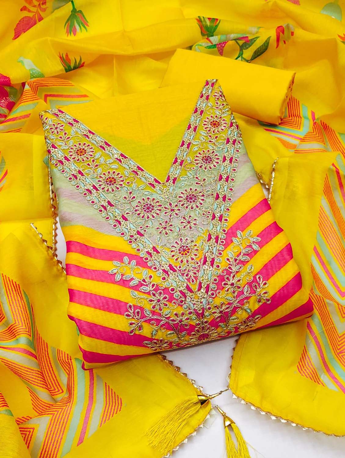 women printed embroidered unstitched suit set