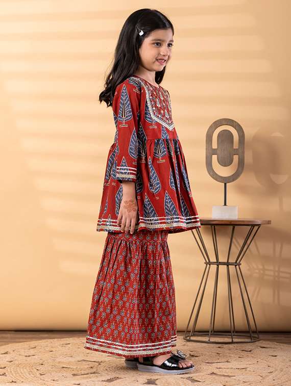 girls printed long sleeve kurta and sharara set - 22187761 -  Standard Image - 2