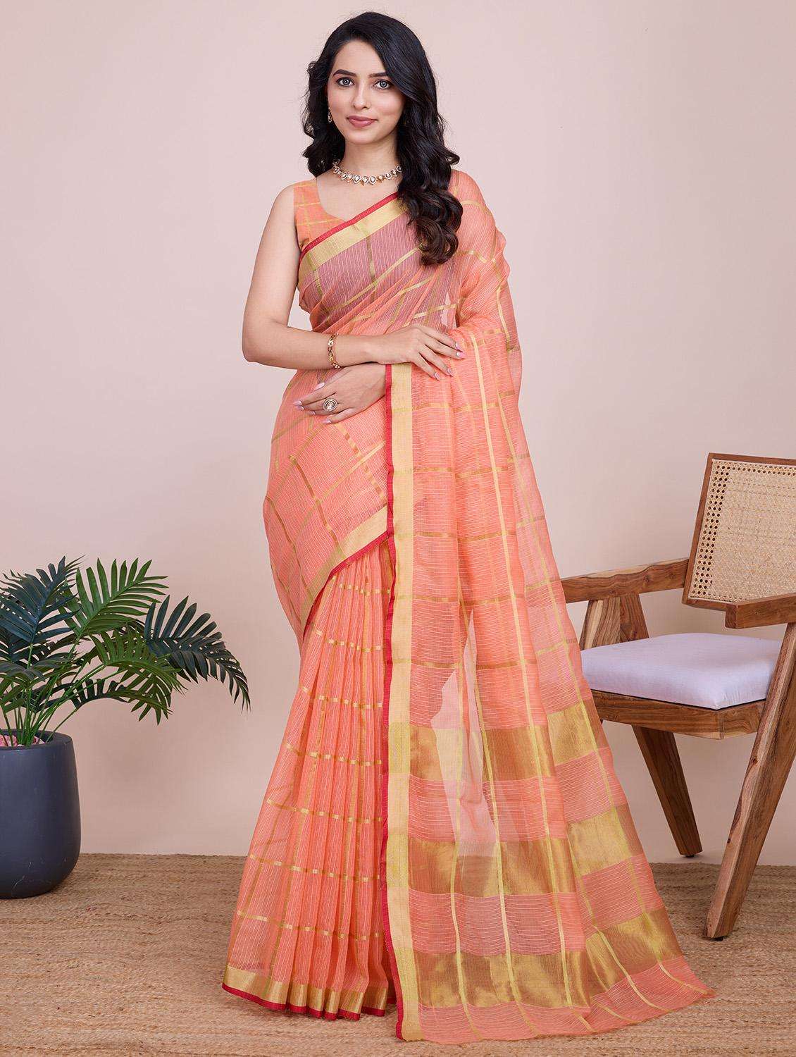 women checkered bordered saree with blouse - 22187795 -  Standard Image - 2