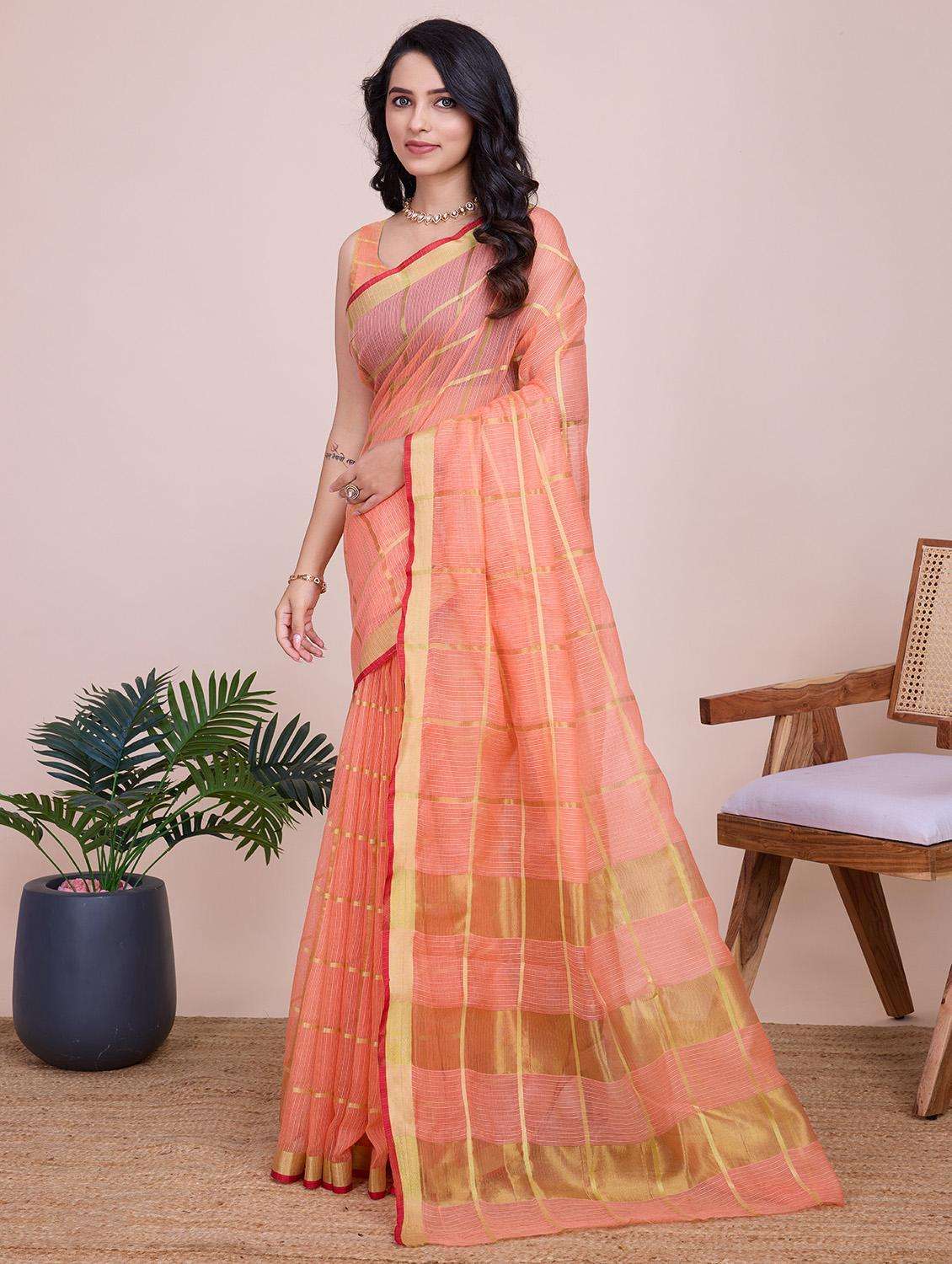 women checkered bordered saree with blouse - 22187795 -  Standard Image - 2