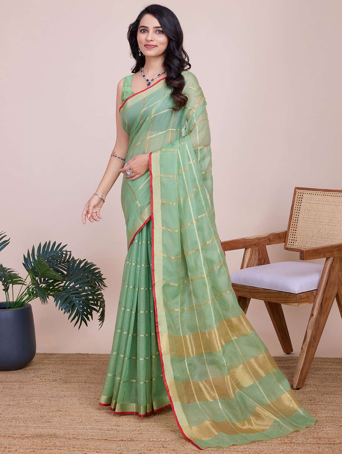 women checkered bordered saree with blouse - 22187796 -  Standard Image - 2