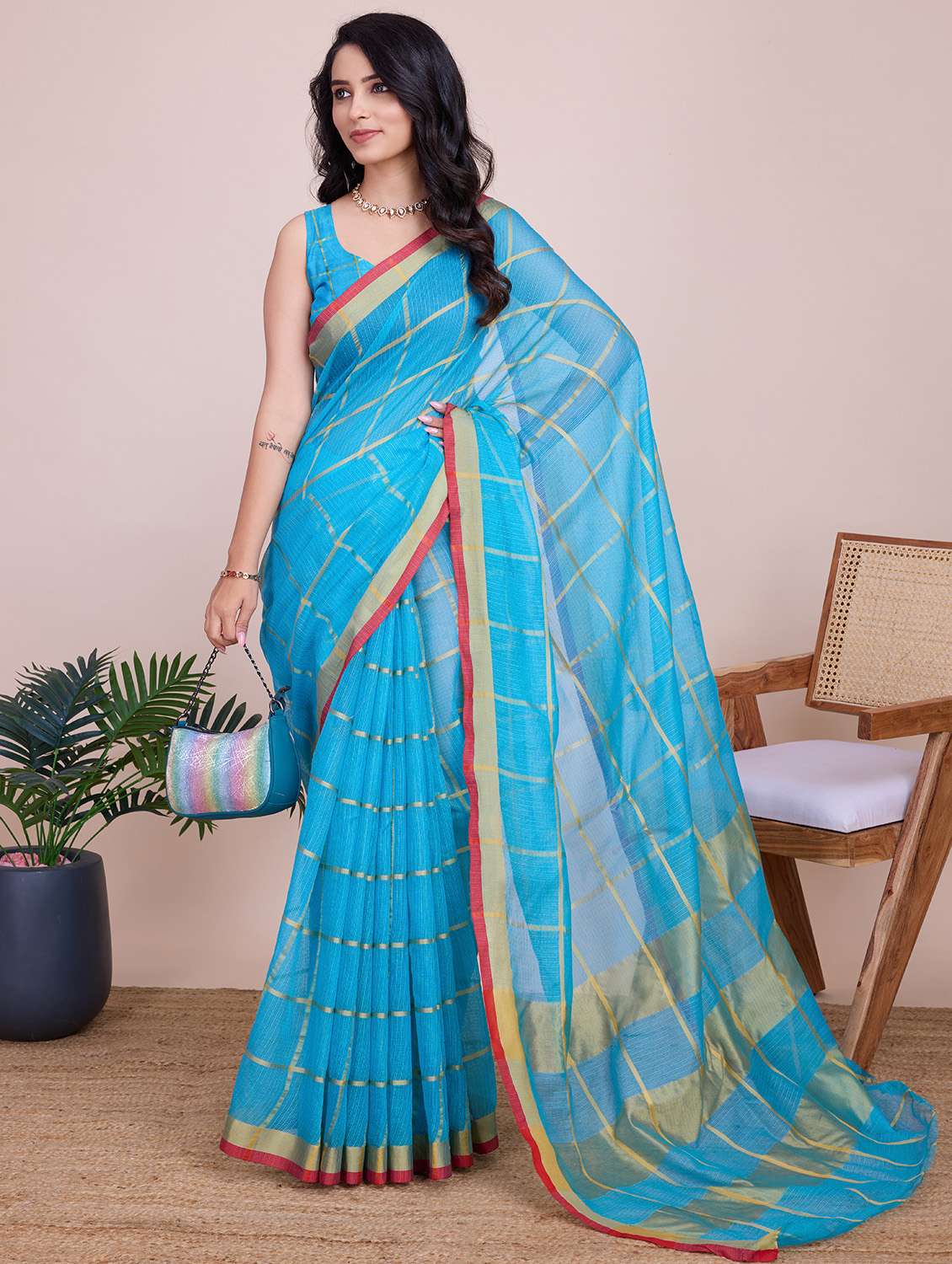 women checkered bordered saree with blouse - 22187798 -  Standard Image - 2