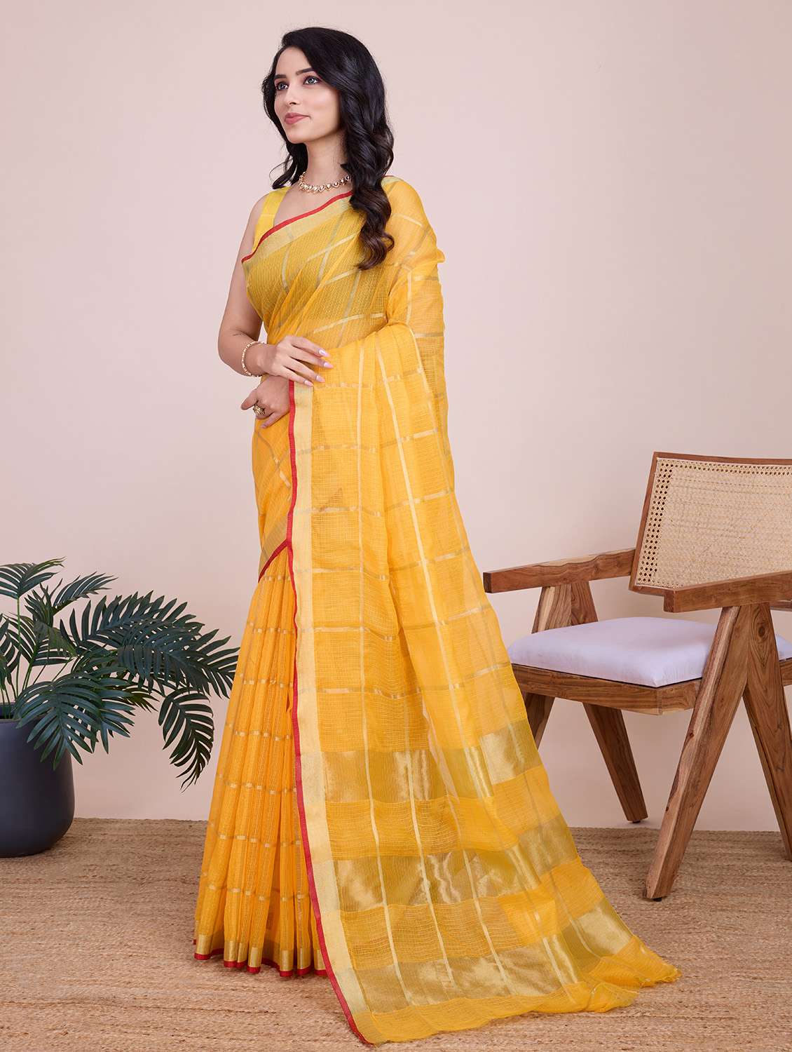 women checkered bordered saree with blouse - 22187799 -  Standard Image - 2