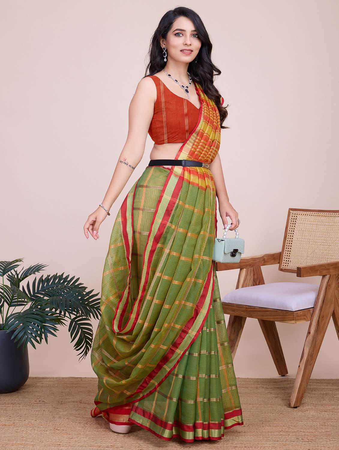 women checkered bordered saree with blouse - 22187800 -  Standard Image - 2