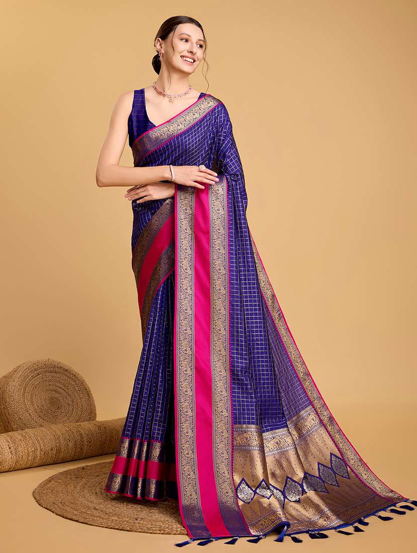 women checkered bordered saree with blouse - 22187853 -  Standard Image - 2