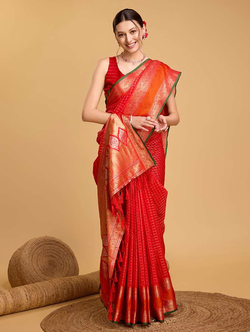 women checkered bordered saree with blouse - 22187856 -  Standard Image - 2