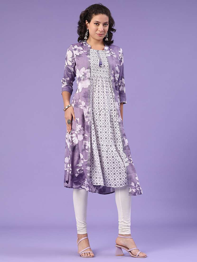 Women Lavender Cotton Tiered Kurta - 22217330 -  Standard Image - 2