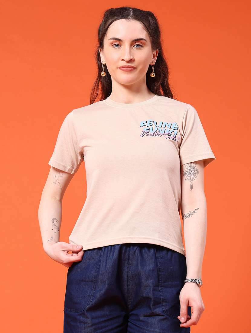 women beige cotton regular t-shirt - 22217395 -  Standard Image - 2