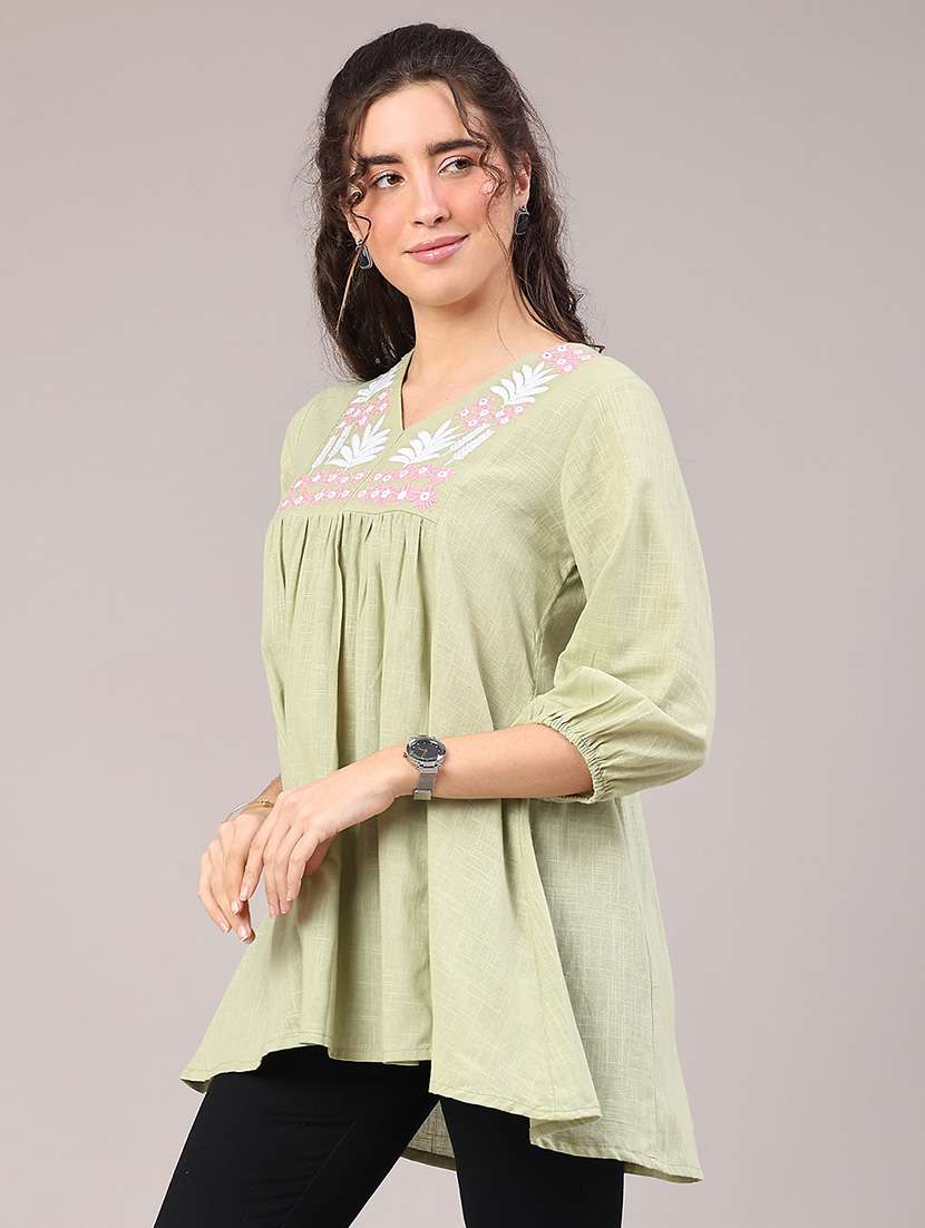 Women Solid With Work Three Quarter Sleeve Tunic - 22217556 -  Standard Image - 2