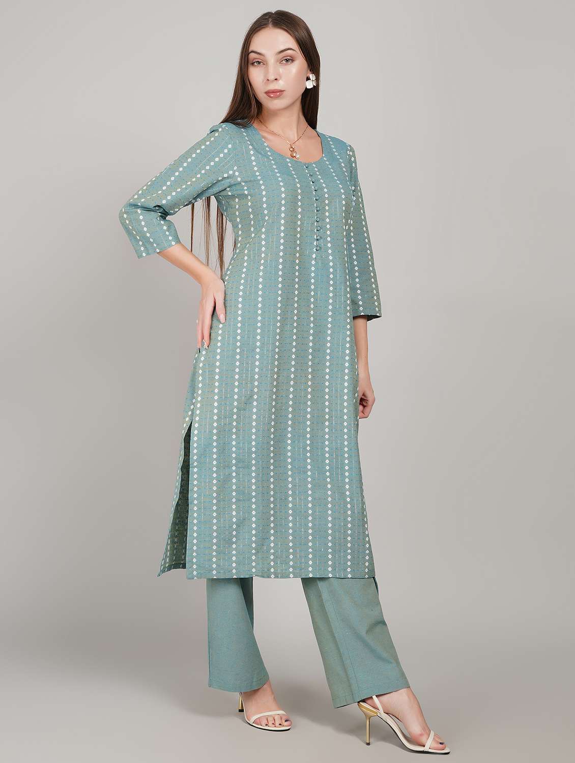 women self design three quarter sleeve kurta pant set - 22217637 -  Standard Image - 2