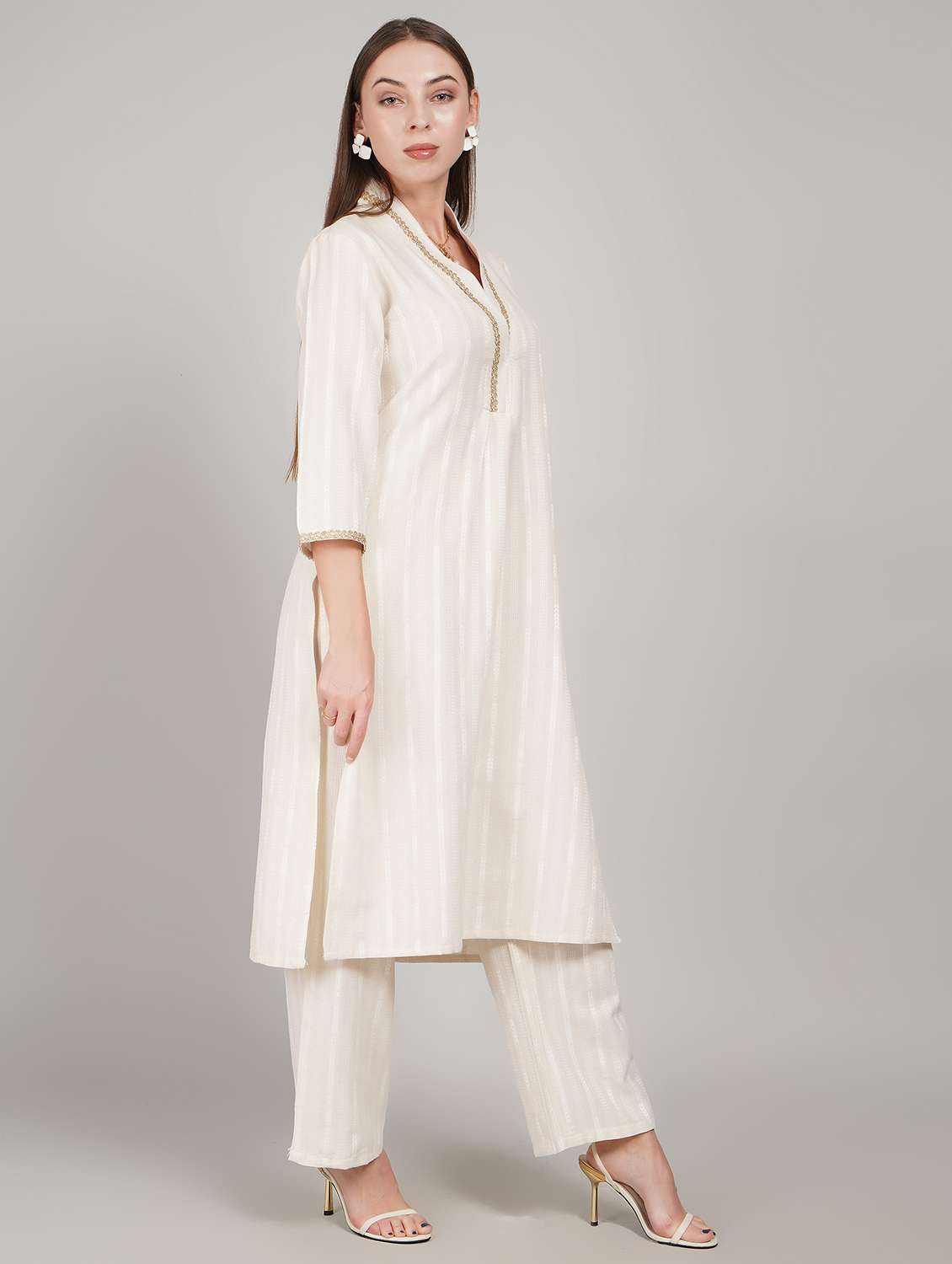 women self design three quarter sleeve kurta pant set - 22217638 -  Standard Image - 2