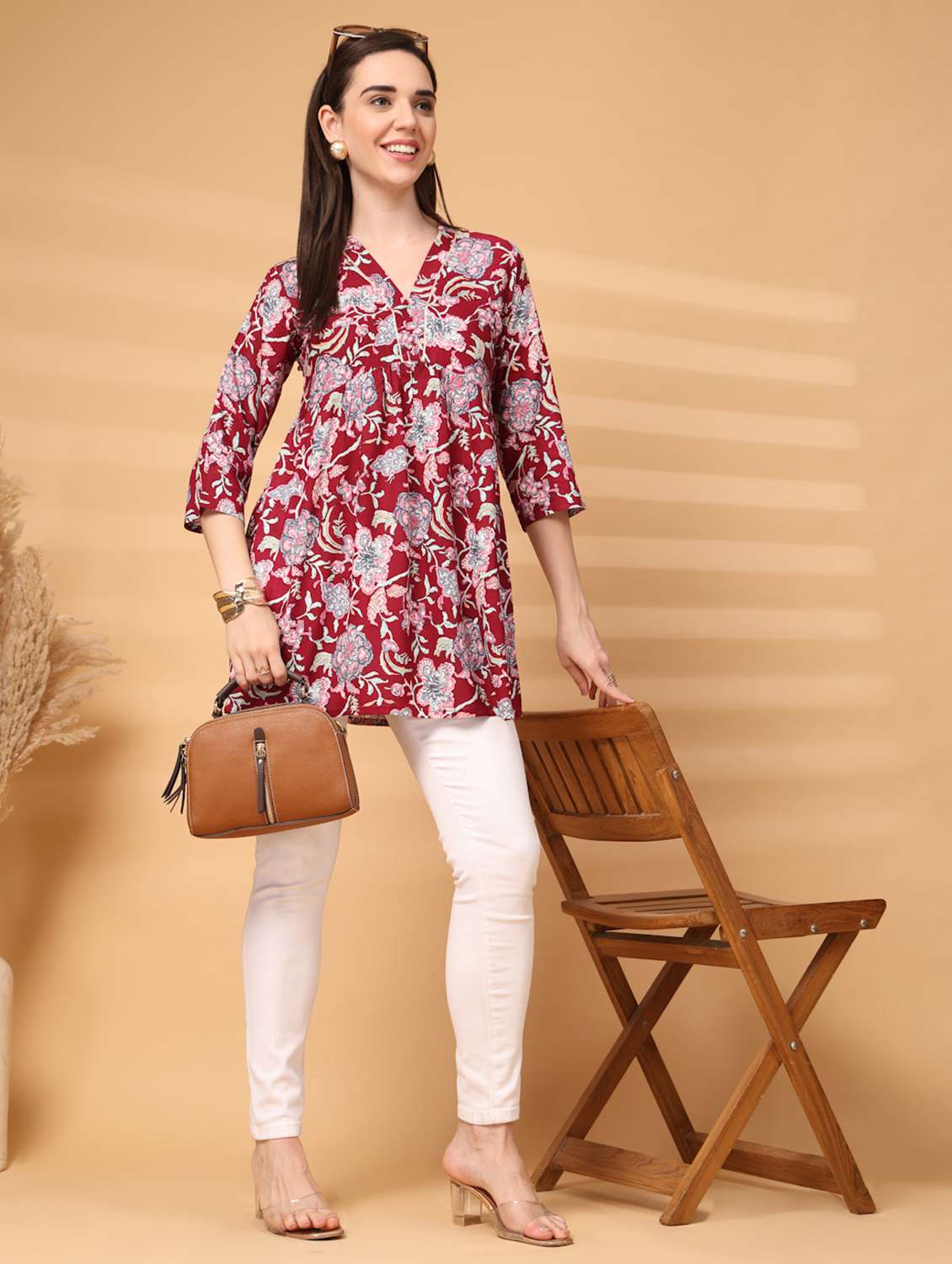 women floral three quarter sleeve a-line tunic