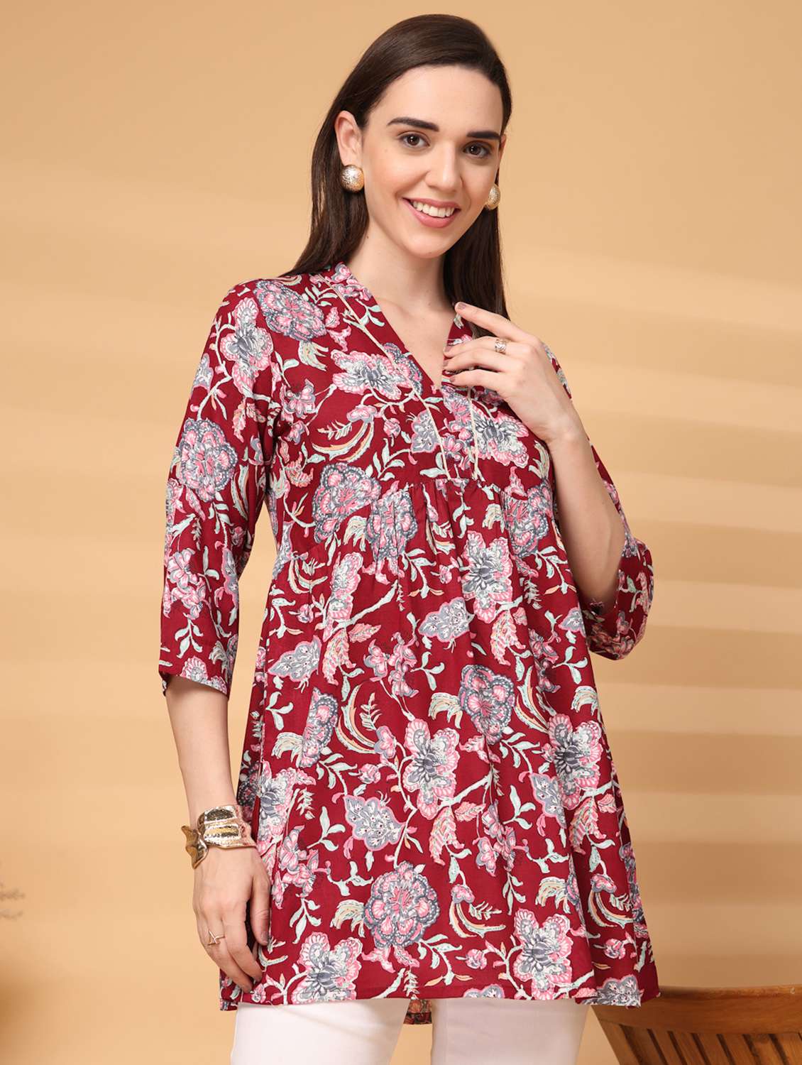 women floral three quarter sleeve a-line tunic - 22217640 -  Standard Image - 2