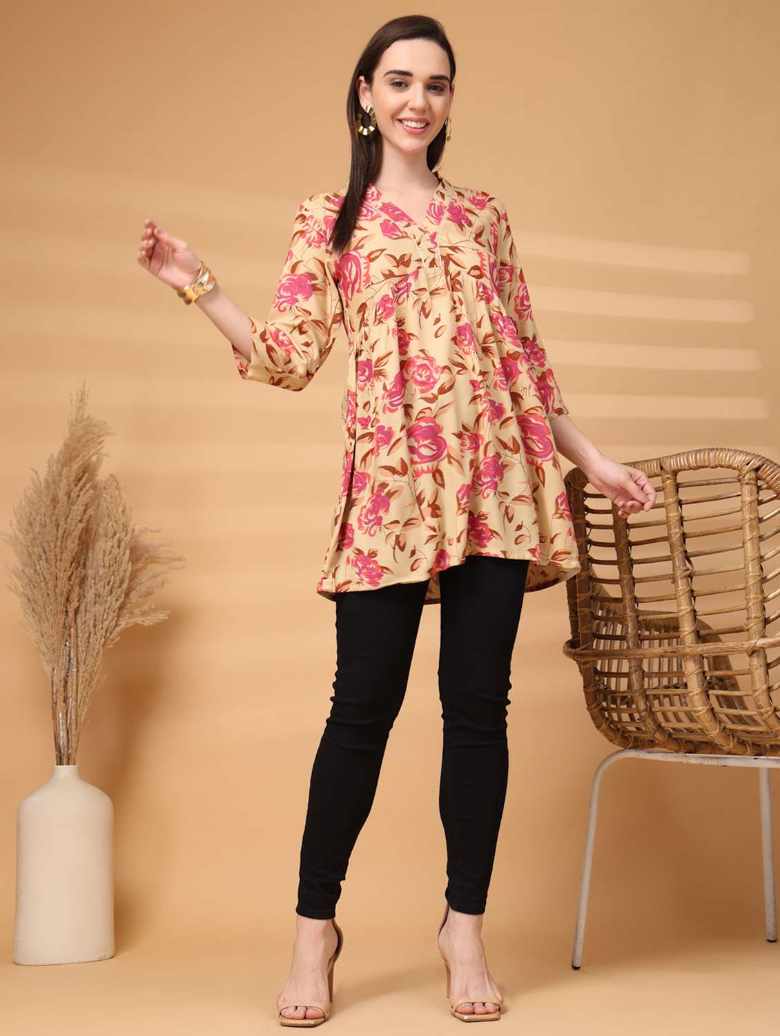women floral three quarter sleeve a-line tunic
