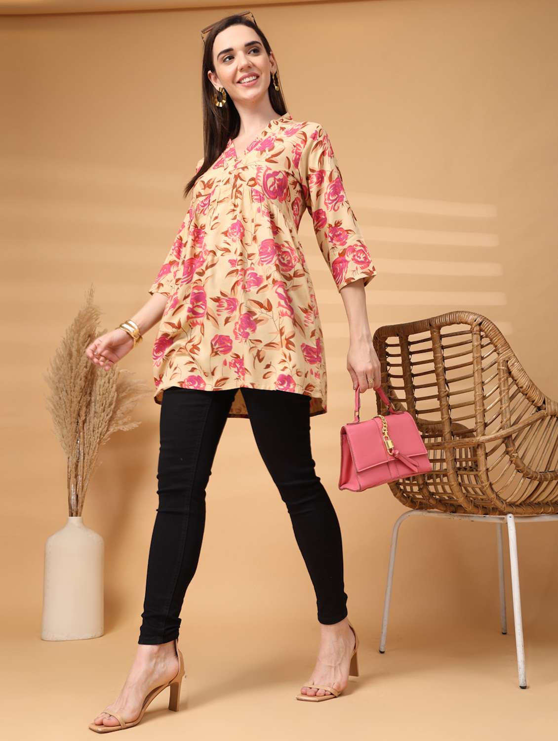 women floral three quarter sleeve a-line tunic - 22217641 -  Standard Image - 2