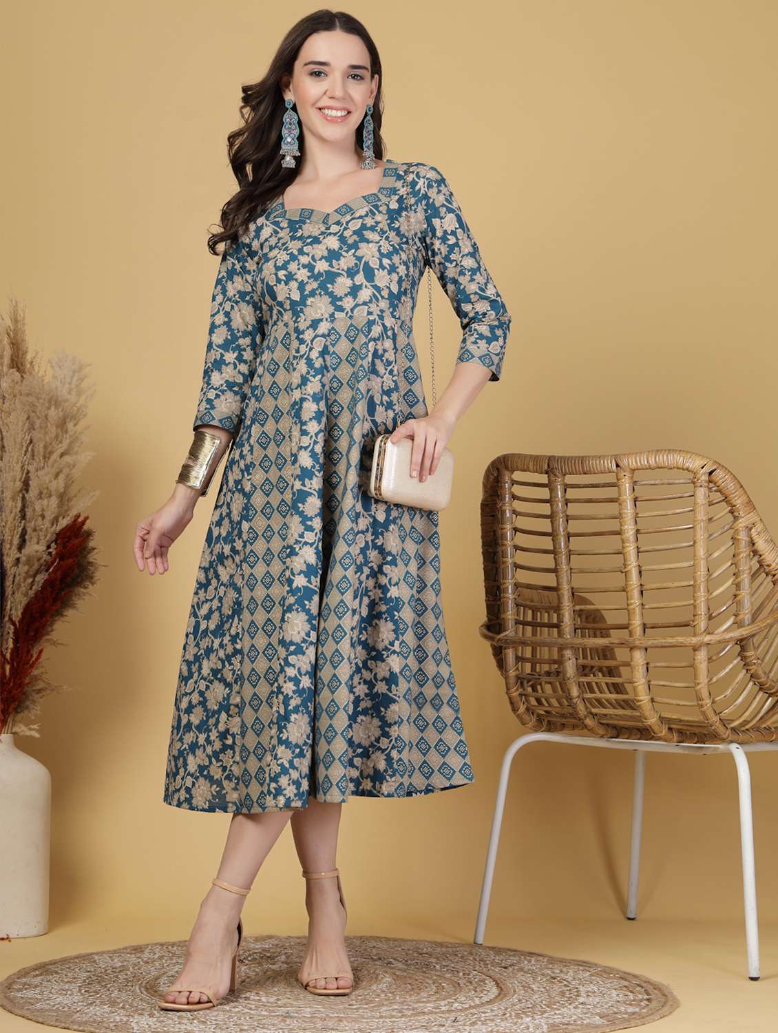 women printed three quarter sleeve anarkali dress