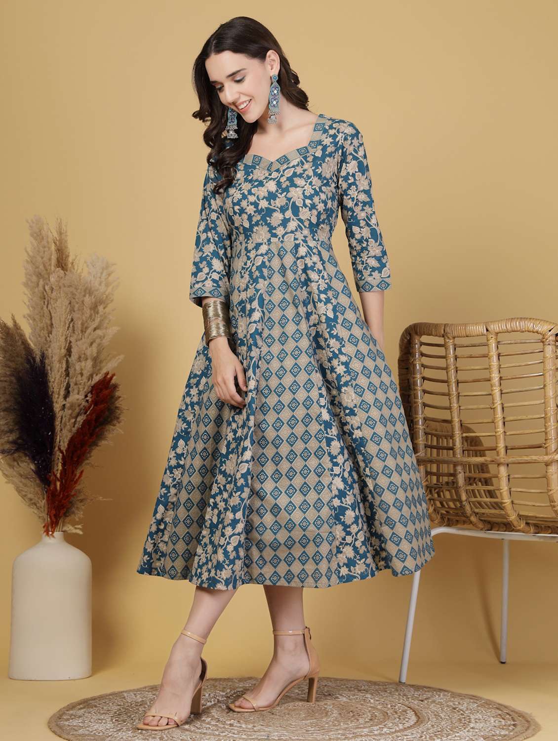 women printed three quarter sleeve anarkali dress - 22217644 -  Standard Image - 2