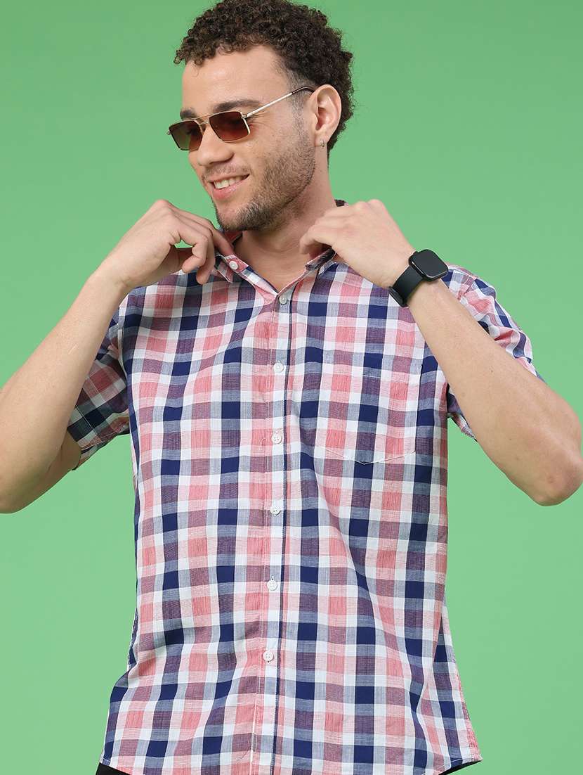 men checkered short sleeve regular fit casual shirt