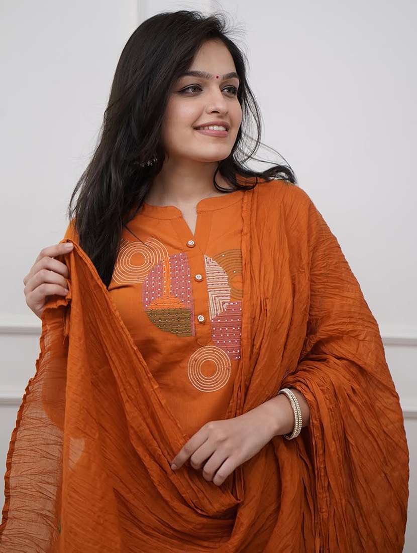 women solid with work three quarter sleeve kurta pant with dupatta set - 22217787 -  Standard Image - 2