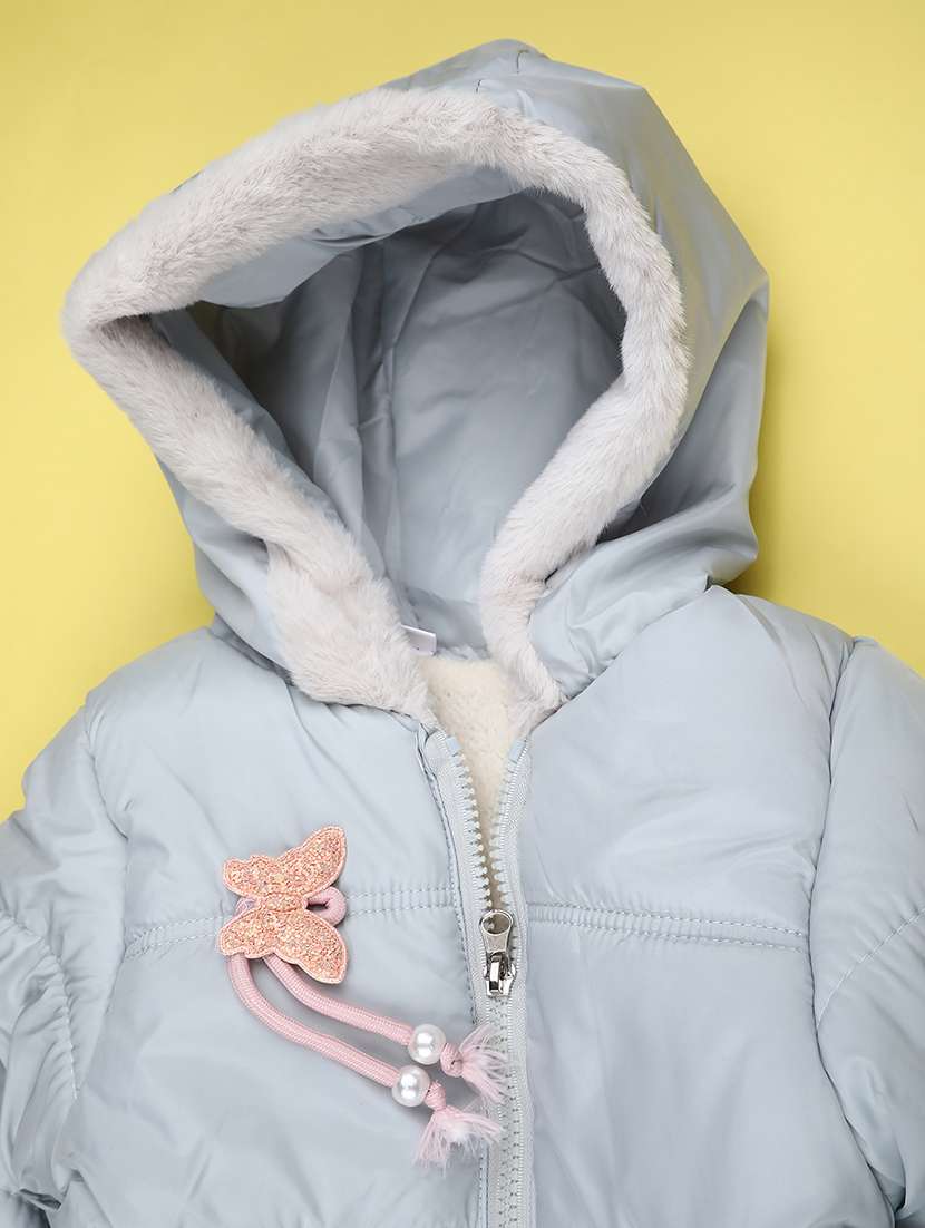 Girls Solid With Work Hooded Jacket - 22218179 -  Standard Image - 2
