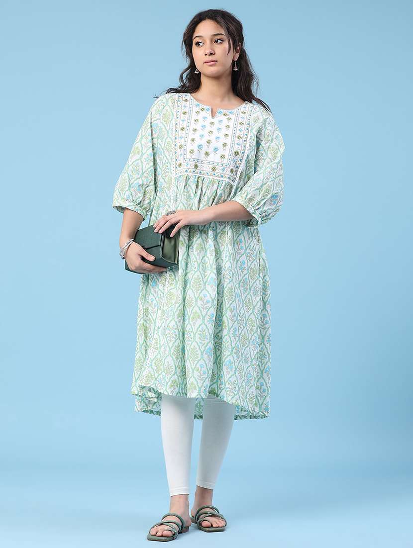women printed three quarter sleeves a-line kurta